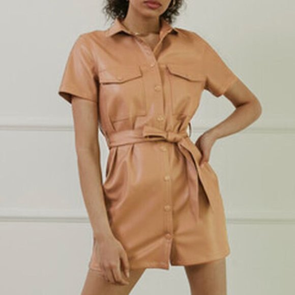 Tan Faux Leather Shirt Dress - Picture 1 of 4